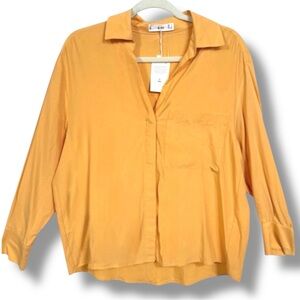 Mango Tangerine Orange Lyocell Button Down Blouse Relaxed Fit Size 4